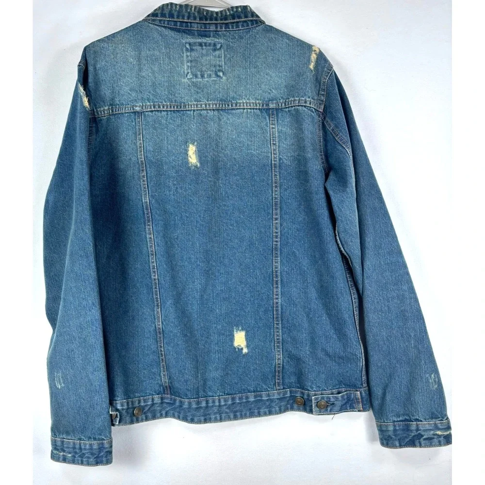 Distressed Denim Jean Jacket Mens XL Medium Wash Collar Button Front - Picture 5 of 7